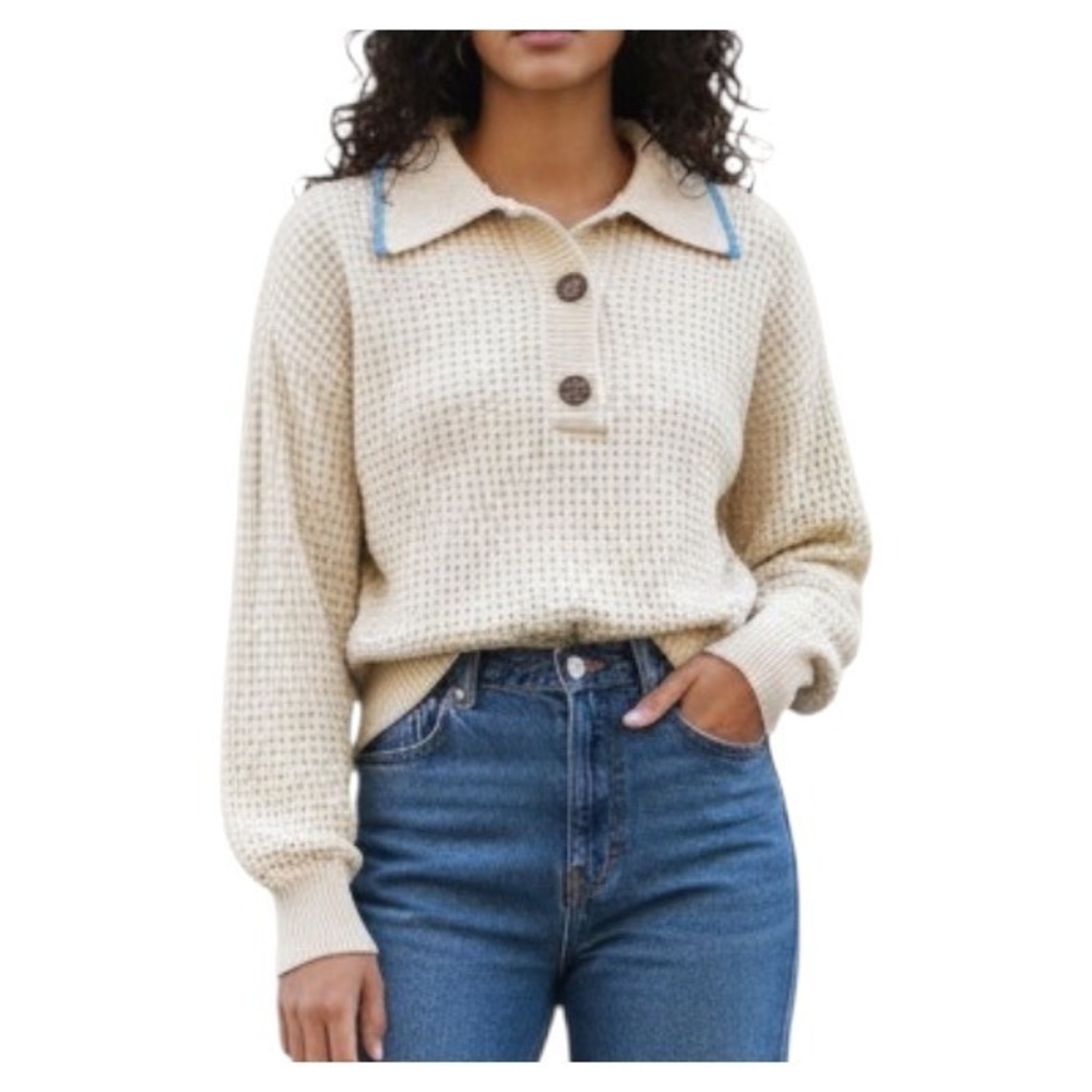 NWT BDG Urban Outfitters ZEPHYR POLO SWEATER Cream w/Blue Trim Waffle Knit SZ S